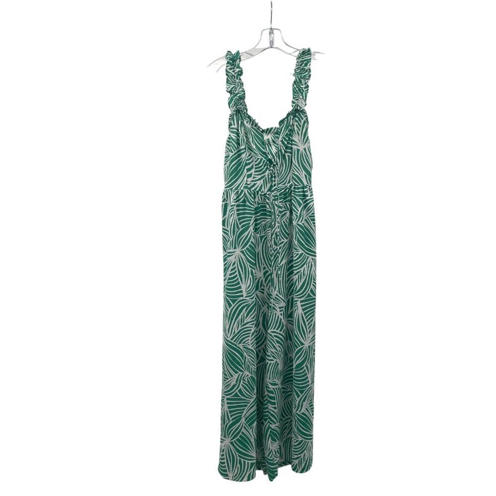 Japna Womens Leaf Print Jumpsuit Wide Leg Sleeveless Green/White Medium Smocked